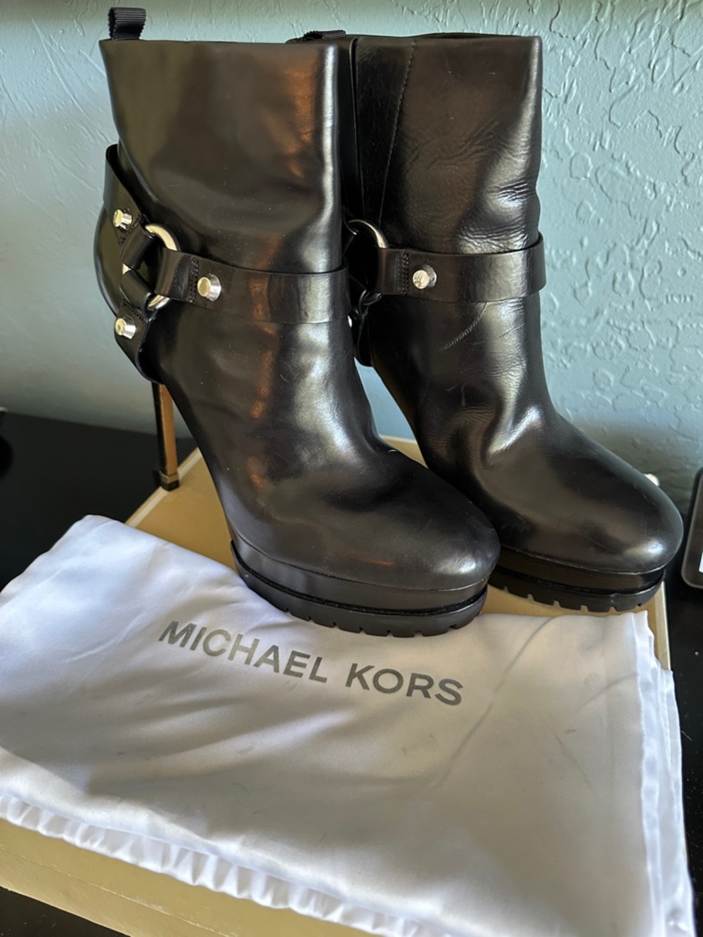 Michael Kors Black Leather Platform Ankle Boots with Strap Detail